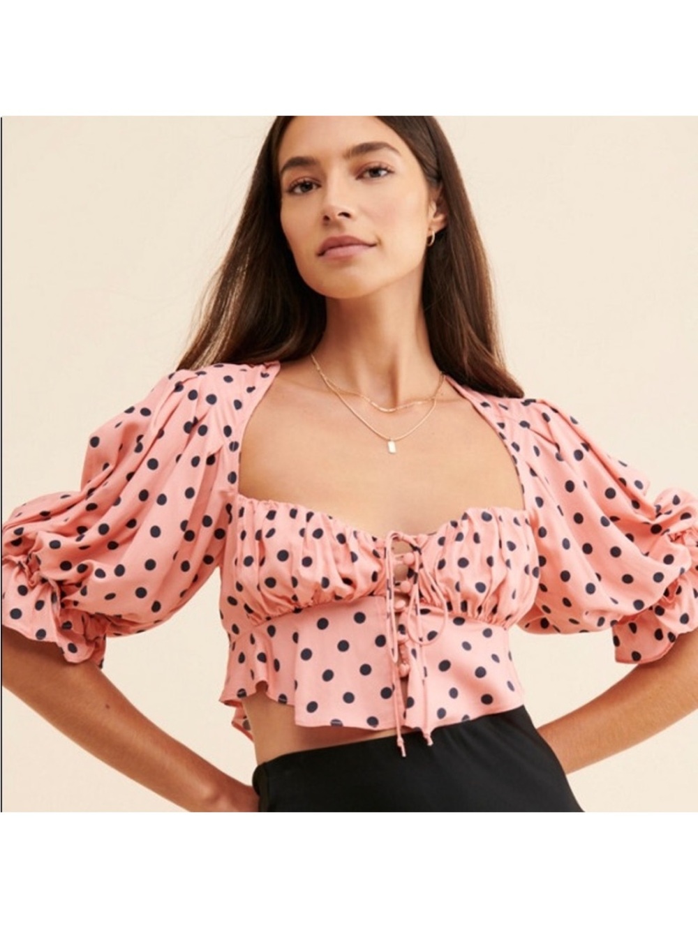 NWT For Love and Lemons pink polka dot puff sleeve crop top L